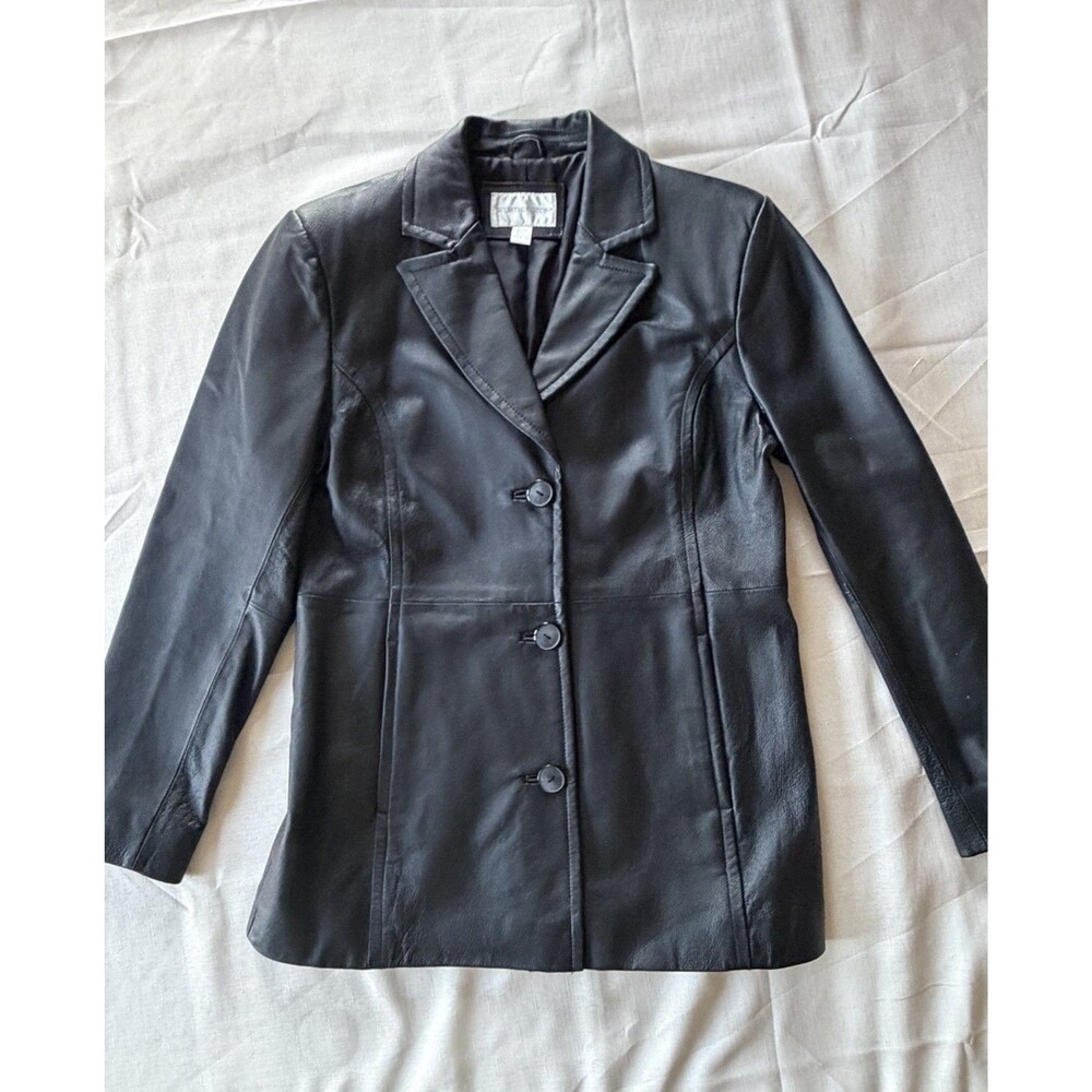VintageWorthington Women's Black Leather Blazer Jacket Button-Front Lined Size M